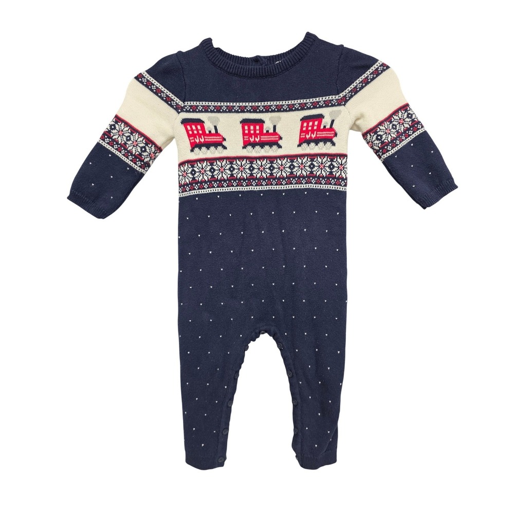 Janie and Jack Knit One-Piece Boys 12-18M Navy Blue Fair Isle Train Romper 1981
